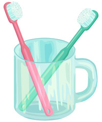 二本の歯ブラシと透明なコップのイラスト ベクター素材