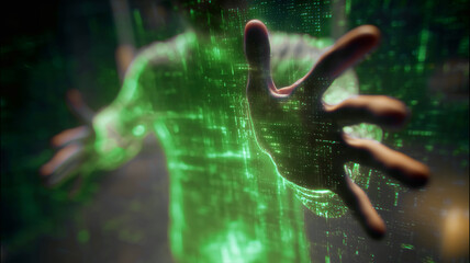 Futuristic man in cyberspace extending hands forward. Concept of virtual reality, augmented reality, innovation, human presence in virtual environments. 