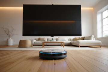 Compact robot vacuum cleans a cozy, plant‑filled living room with a gray sectional, knit throw, and sunlit wood floors&mdash;smart home convenience with soft ambient lighting and modern comfort.