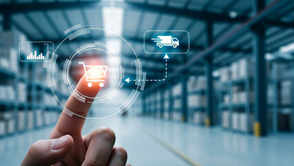 A hand interacting with a digital shopping cart interface in a warehouse