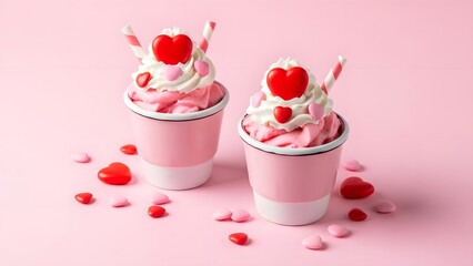Happy valentine's day pink milkshakes with whipped cream and heart shaped toppings