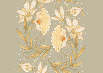 Fantasy flowers in retro, vintage, jacobean embroidery style. Seamless pattern, background. Vector illustration.