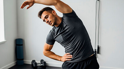 A man stretching in a modern gym