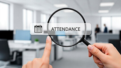 A hand holding a magnifying glass over an attendance icon in a modern office