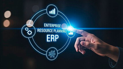A hand interacting with an Enterprise Resource Planning ERP system interface