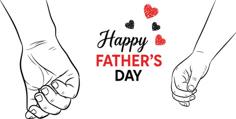 Happy Father's Day Greeting Illustration with Line Art Sketch of a Father and Child Holding Hands and Red Textured Hearts for Holiday Posters