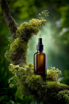 minimalist skincare product  of a body oil brown glass bottle, displayed elegantly on a moss-covered