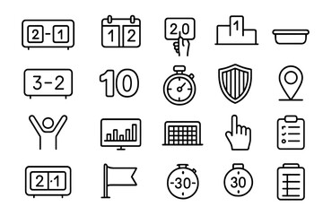 Fototapeta premium Game Result Icons. Line style icons of Game Result Tools: scoreboard, numbers, hand hold, victory display, digital panel, score