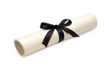 Rolled diploma document tied with black ribbon on transparent background, symbolizing graduation, success, and achievement