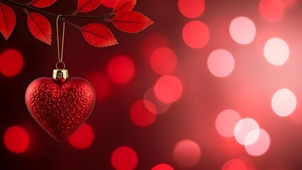 Happy valentine's day wishes with red heart ornament and romantic bokeh lights