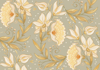 Fantasy flowers in retro, vintage, jacobean embroidery style. Seamless pattern, background. Vector illustration.