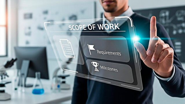 A businessman interacting with a digital scope of work interface in a laboratory setting.