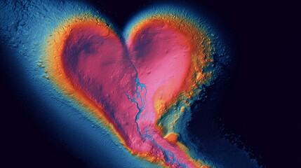 Abstract Topographic Heart Shape with Thermal Map Colors and Rugged Texture on Dark Background