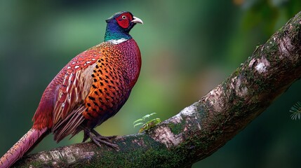 Fototapeta premium A vibrant pheasant perches gracefully on a mossy branch, its plumage a stunning array of colors, blending with the lush forest backdrop. A true spectacle of nature.