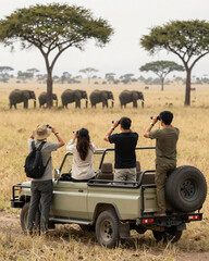 Fototapeta premium Tourists in Safari Jeep Watching Elephants - African Wildlife Adventure