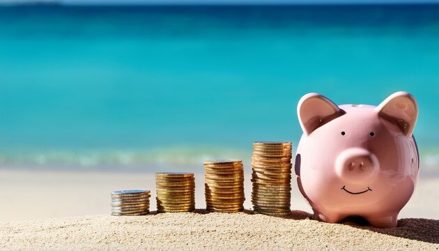 piggy bank with stacks of coins on tropical beach symbolizing saving money for summer vacation - Powered by Adobe