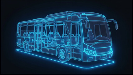 A futuristic city bus wireframe illustration on a dark background viewed from the front side