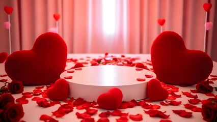 Happy valentine's day romantic decor with red hearts and rose petals