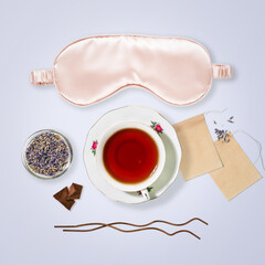Self-Soothed Evening Ritual with Herbal Tea and Silk Eye Mask for Mental Health Brands. Modern Aesthetic Concept of Deep Relaxation, Nighttime Self-Care, Emotional Balance for Mindful Wellness Conten
