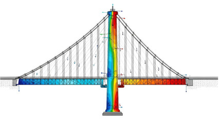 A colorful 3D rendering of a suspension bridge's structural analysis