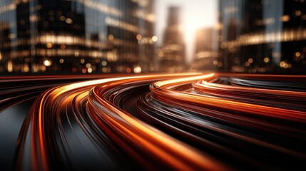 Obraz premium Dynamic Motion of Light Trails in Urban Environment During Sunset with Blurred Skyscrapers in the Background Creating an Electric Atmosphere