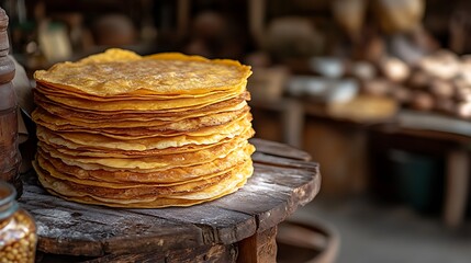 Fresh golden crepes stack.