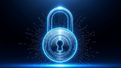 Glowing digital padlock icon symbolizing strong cyber security protection and encrypted data transmission across a dark network