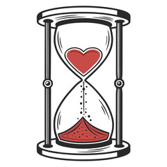 A flat vector illustration of an hourglass with a romantic or symbolic theme, isolated on a white background.
