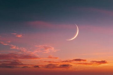 A crescent moon shines in a dusky sky with layers of pink and orange clouds