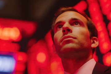 Businessman in Front of Red Stock Market Ticker Display Looking Pensive.