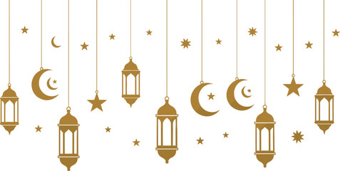 Collection of Hanging Gold Islamic Lantern Silhouettes with Crescent Moons and Stars Decorative Background Elements for Ramadan Kareem and Eid Mubarak