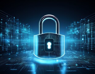digital padlock with virtual screen on dark background with copy space cyber security technology for fraud prevention and privacy data network protection concept