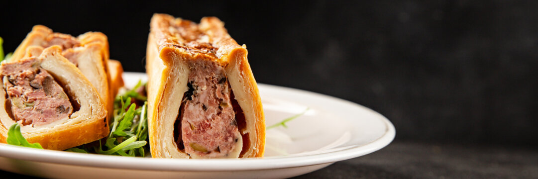 pate en crout in pastry natural baking healthy food main course ingredient appetizer fresh tasty table setting gourmet food background on the table rustic food top view copy space