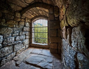 Obraz premium ancient narrow stone room with metal bars on window