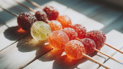 Close-up of shiny candied fruit skewers (Tanghulu) with colorful grapes on wooden table in sunlight.