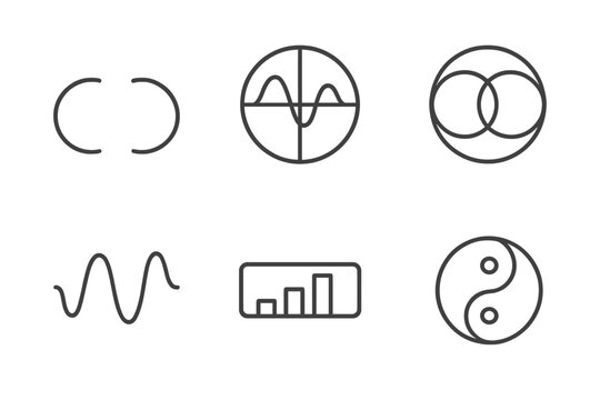 Quantum Modes Icons. Line vector icons of superposed quantum modes: twin arcs, dual-phase sphere, mixed-state ring, interference
