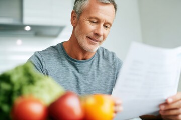 Mature Man Reading Document at Home Surrounded by Fresh Vegetables.