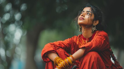Indian woman painter in thoughtful pose, subtle cultural elements in clothing and tools, soft daylight, editorial artistic portrait, clean and professional mood, creativity artist culture
