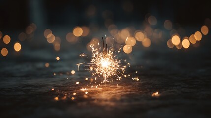 Glowing sparkler creates light trails against a dark backdrop with blurred circular lights