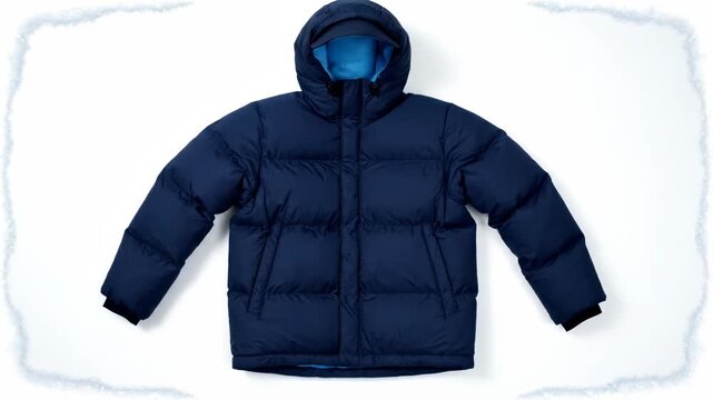 Dark blue fabric transforms into a warm puffer jacket. This cozy winter coat features a light blue lining.