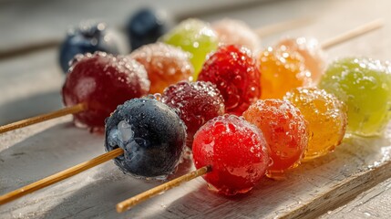 Close-up of shiny candied fruit skewers (Tanghulu) with colorful grapes on wooden table in sunlight.