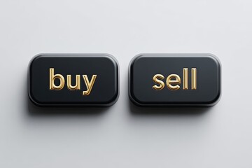 Two rectangular buttons, ?buy? and ?sell? in gold lettering, on a light background