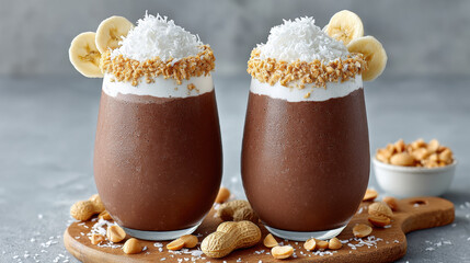 High-protein vegan smoothies, Creamy chocolate smoothies topped with whipped cream, coconut, and banana slices, served in elegant glasses with a sprinkle of nuts on a wooden board.