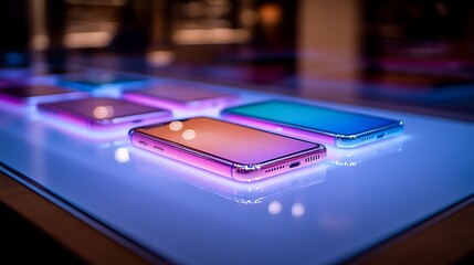 Glowing phones on display.