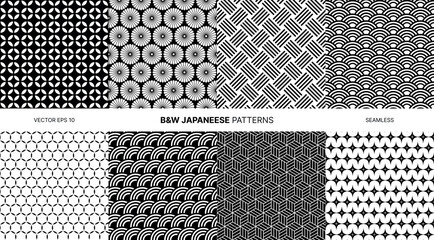 Black white Japanese seamless vector patterns collection featuring geometric shapes, floral ornaments, wave designs, minimal abstract textures, traditional oriental backgrounds fabric print projects