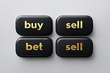 Four black, rounded rectangles with gold text "buy", "sell", "bet", and "sell