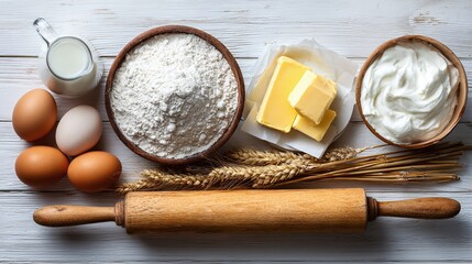 A top-down shot showcases essential baking ingredients?flour, butter, eggs, and milk?arranged with a rolling pin, inviting culinary creations on a rustic white wooden surface.