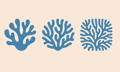 Vector Sea Coral Icon Set. Boho Seaweed, Reef Silhouettes. Matisse Style Ocean Simple Plant. Coastal Summer Beach Illustration for Print, Poster, Logo. Naive Art Coral Set. Reef, Algae Organic Shape