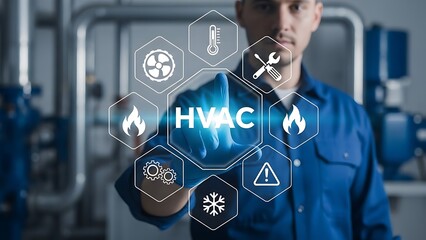 Technician interacts with glowing digital HVAC system interface surrounded by relevant maintenance and climate control icons in a factory setting