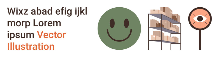 Fototapeta premium Branding, e-commerce, inventory, customer satisfaction, warehouse management, visual identity. happy face, storage shelves and magnifying glass with an eye. Customer satisfaction and inventory